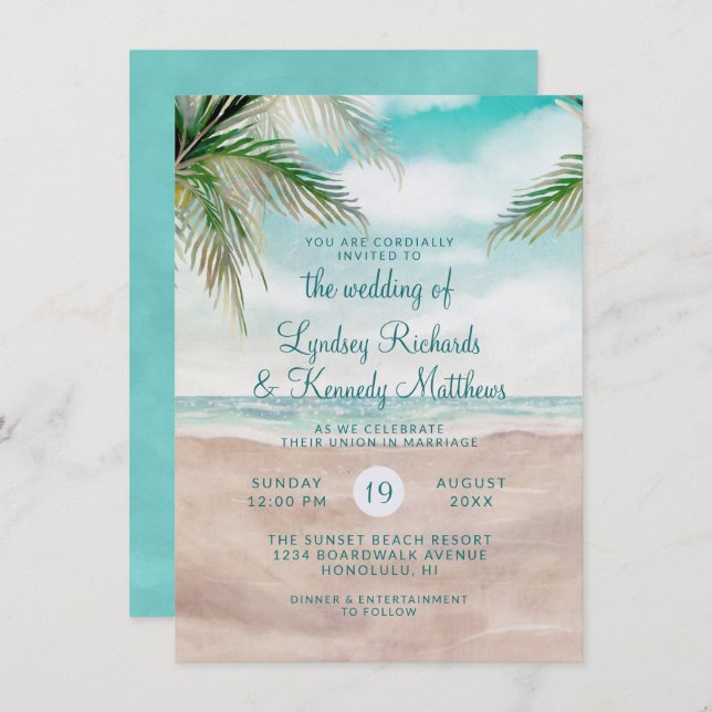 Invitation Island Breeze Palm Trees Beach Scene Mariage (Devant / Derrière)