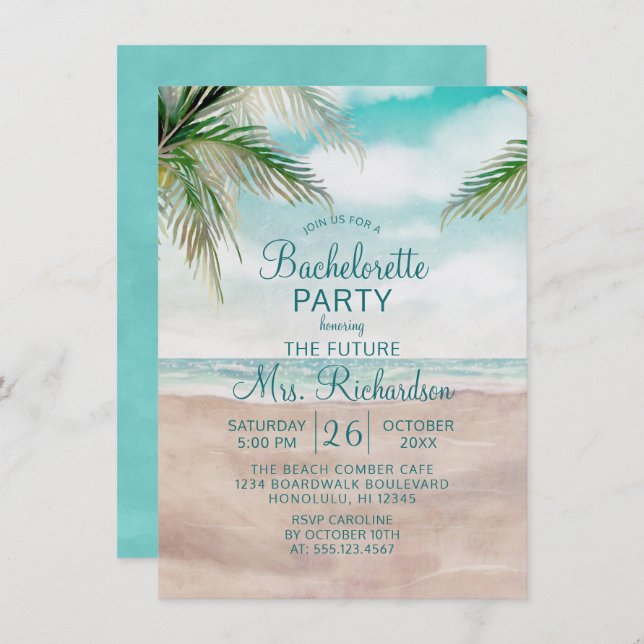 Invitation Island Breeze Sandy Beach Shore Bachelorette Party (Devant / Derrière)