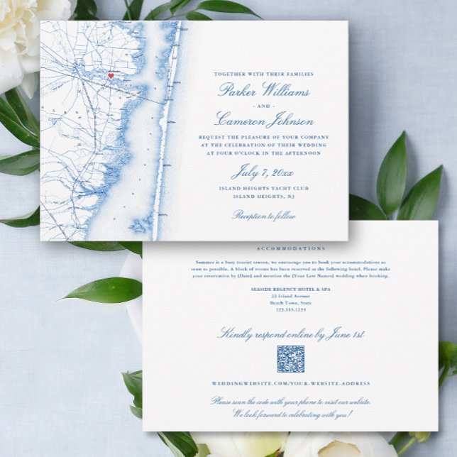 Invitation Island Heights NJ all-in-one QR code RSVP Mariage (Island Heights NJ Elegant QR Code RSVP all-in-one wedding invitation with elegant navy blue map)
