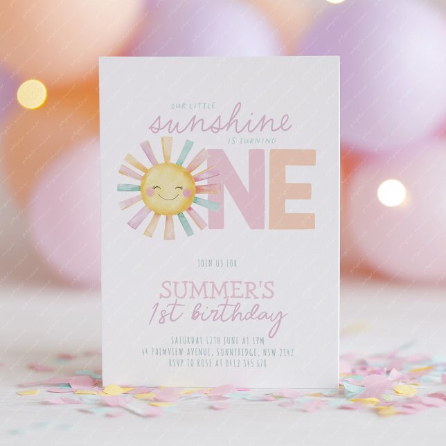 Invitation Isn't She Onederful Sun Girl Pastel 1st Birthday (Our little sunshine is turning one! Cute pastel sun 1st birthday invitation in pink, peach & purple)