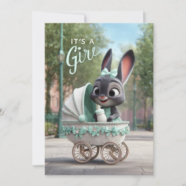 Invitation It’s a Girl Baby: Cute Bunny in Green Stroller (Devant)