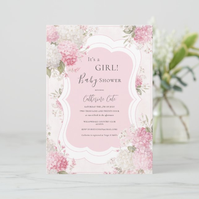 Invitation It’s a Girl Pink Hydrangea Floral Elegant Baby (Debout devant)