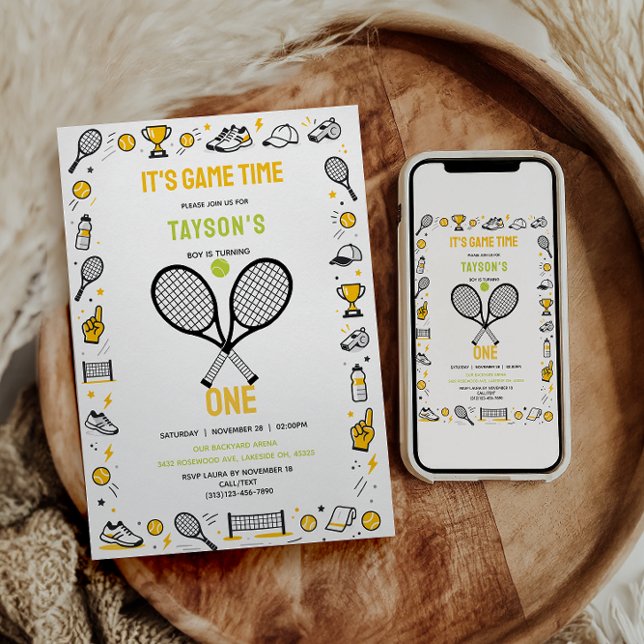 Invitation It’s Game Time Tennis 1st Birthday – Fun Kids  (It’s Game Time Tennis 1st Birthday – Fun Kids Invitation
)