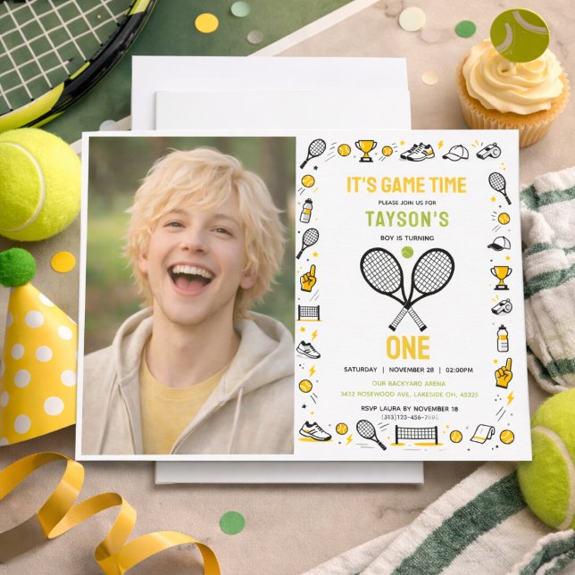 Invitation It’s Game Time Tennis 1st Birthday Photo – Fun Kid (It’s Game Time Tennis 1st Birthday Photo – Fun Kid Invitation
)
