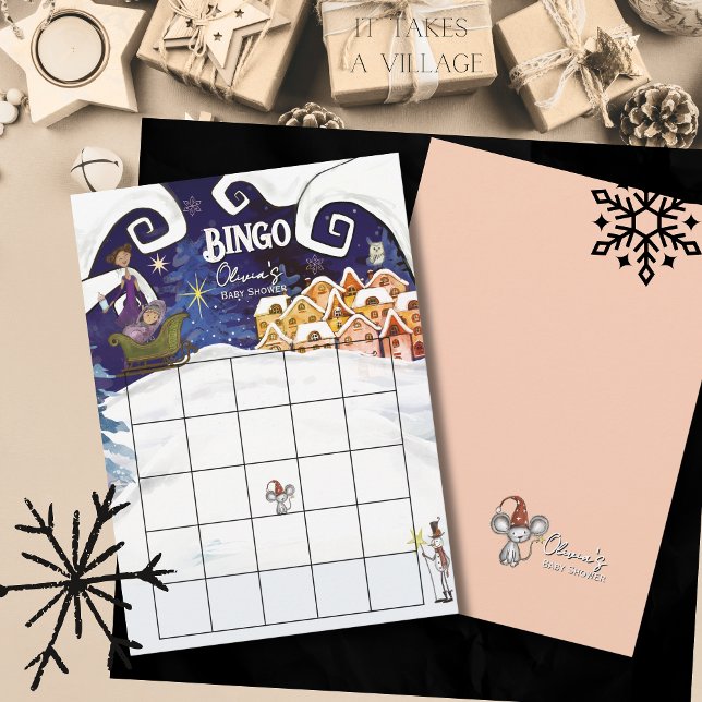 Invitation It Takes a Village Winter Girl Baby Shower Bingo (It Takes a Village Winter Girl Baby Shower Bingo Invitation)