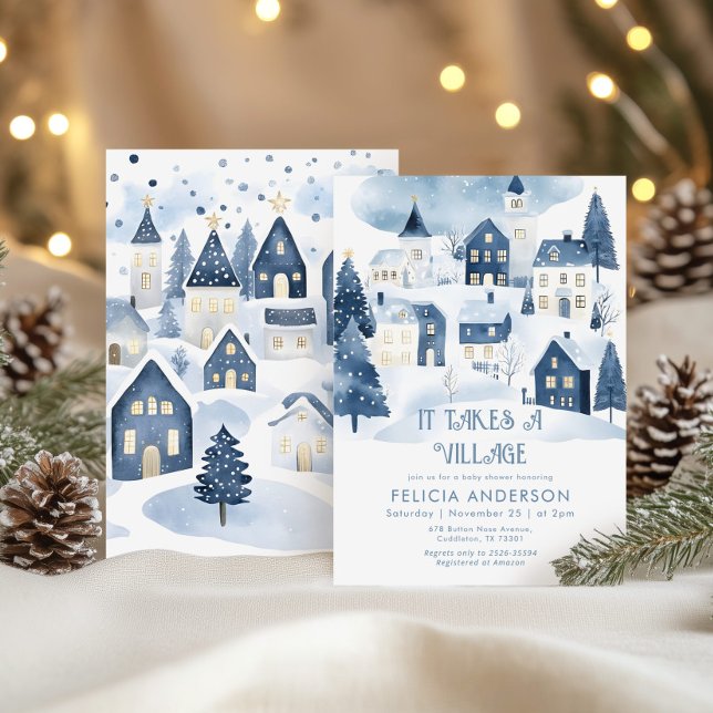 Invitation It takes a village Winter Navy Baby Boy Shower (Créateur téléchargé)