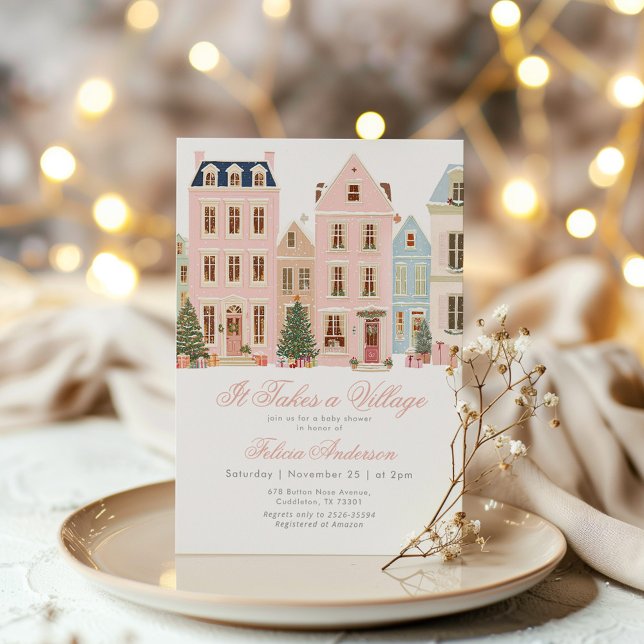 Invitation It takes a village Winter Pink Baby Gir Shower (Créateur téléchargé)