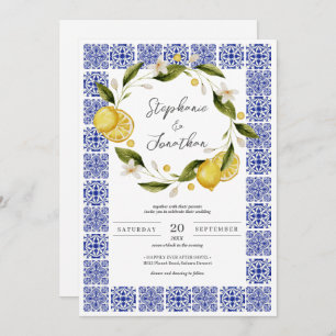 Invitation Italia Blue Watercolor Citron Calligraphie Mariage