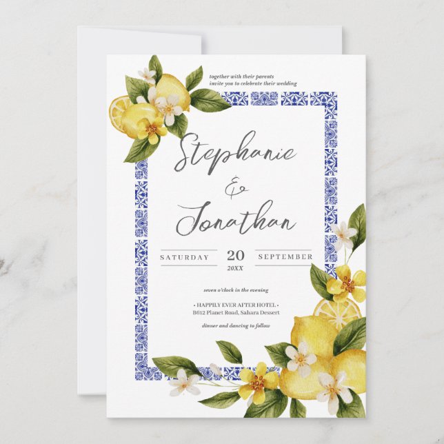 Invitation Italia Blue Watercolor Citron Calligraphie Mariage (Devant)