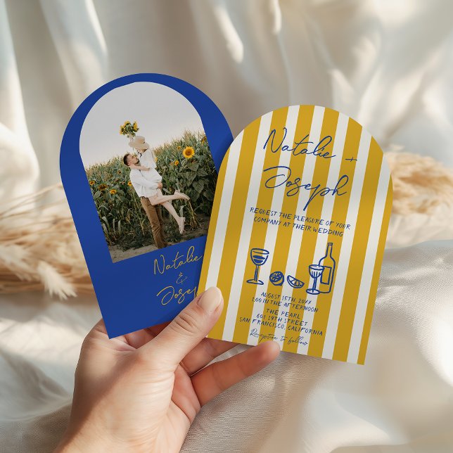 Invitation Italian Blue Yellow Written Photo Arch Wedding (Créateur téléchargé)