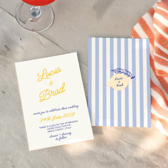 Invitation Italian Hand Written Yellow & Blue Stripes Wedding (Italian Hand Written Yellow & Blue Stripes Wedding Invitation)