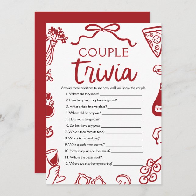 Invitation Italie Pizza Couple Trivia Fête des mariées Jeu (Devant / Derrière)