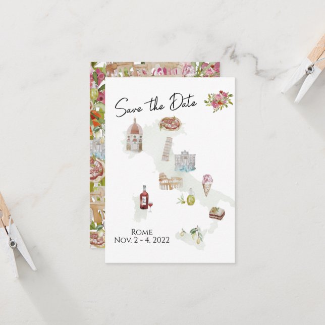 Invitation Italie, voyage en Italie, Italien Date à sauvegard (Devant/Arrière en situation)