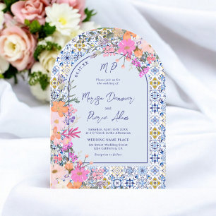Invitation italien bleu carreaux aquarelle floral photo maria