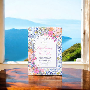 Invitation italien bleu carreaux aquarelle floral photo maria