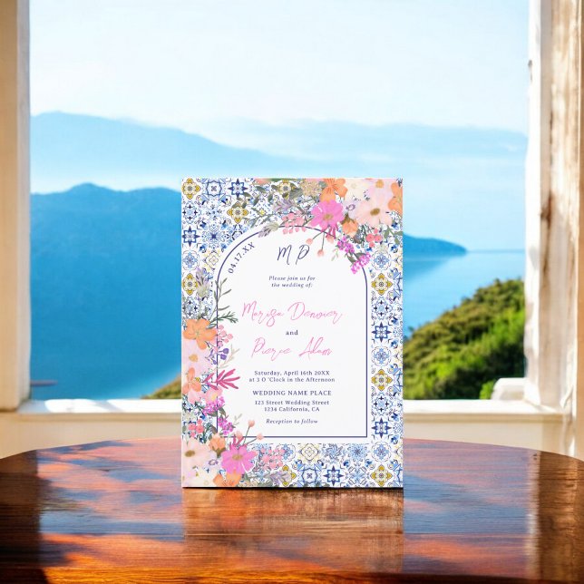 Invitation italien bleu carreaux aquarelle floral photo maria (Italian blue tiles watercolor floral photo wedding invitation)