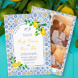 Invitation Italien bleu carrelage aquarelle citron photos mar<br><div class="desc">Notre motif en céramique bleue d'inspiration italienne-méditerranéenne, associé à des citrons d'aquarelle jaune peints à la main, crée un faire-part de mariage frais et moderne qui ne manquera pas d'impressionner ! Doté d'une forme d'arc moderne et d'un élégant script de brosse et de 3 photos collage grille à l'arrière. Impressionnez...</div>