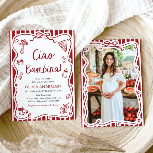 Invitation Italien Ciao Bambina Girl Baby shower lunaire (Watercolor Ciao Bambina Girl Whimsical Italian Baby Shower Invitation)