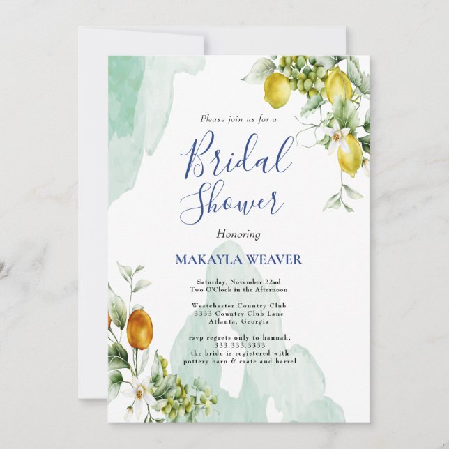Invitation Italien citron bleu floral script nuptiale (Devant)