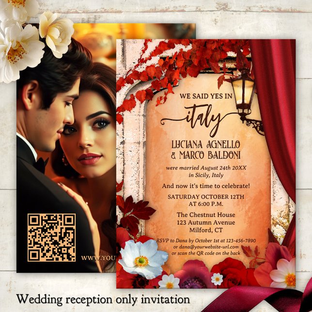 Invitation Italien Elopement d'automne Réception de mariage P (Italian wedding reception only or elopement invitation featuring a roman arch with fall leaves)