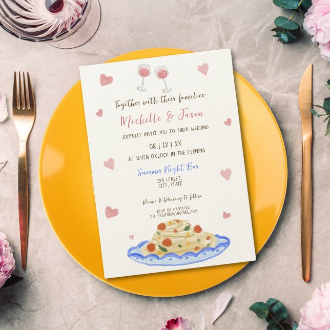 Invitation Italien Retro Whimsical Fun Main Drag Pasta Photo (whimsical hand drawn pasta and vino for the italian wedding invitation)