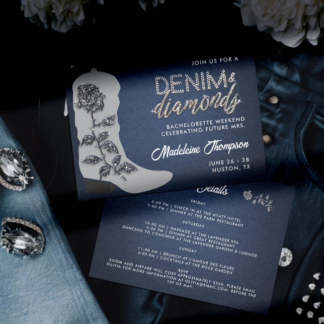 Invitation Itinéraire de bachelorette de démarrage de Denim D (denim and diamonds bachelorette party itinerary invitation grey cowgirl boot rose bling country glam)