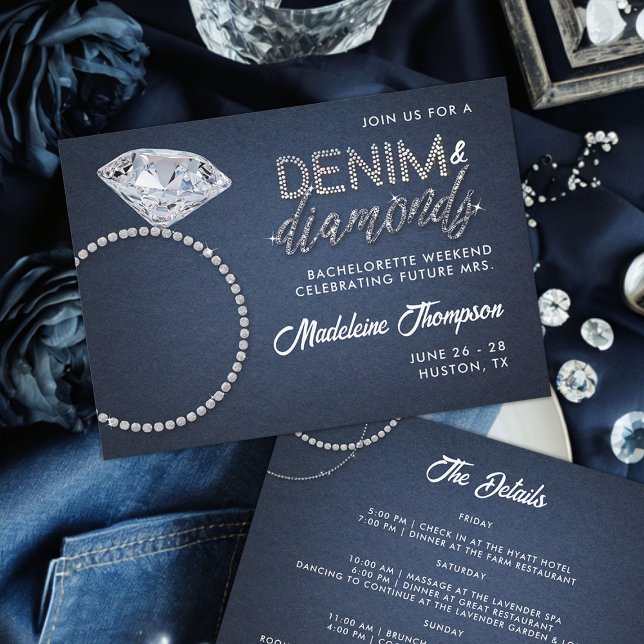 Invitation Itinéraire de bachelorette Mariage de baguette de  (denim and diamonds bachelorette party weekend invitation classy diamond ring itinerary)