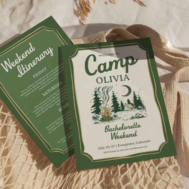 Invitation Itinéraire de camping luxueux Camp Bachelorette Gr (Camp Bachelorette Green Glamping Itinerary )