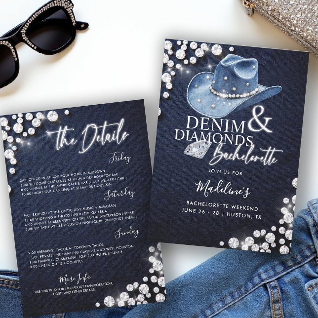 Invitation Itinéraire de Casquette de bachelorette de Denim D (denim diamonds bachelorette party itinerary invitation cowgirl hat calligraphy modern classy stylish)