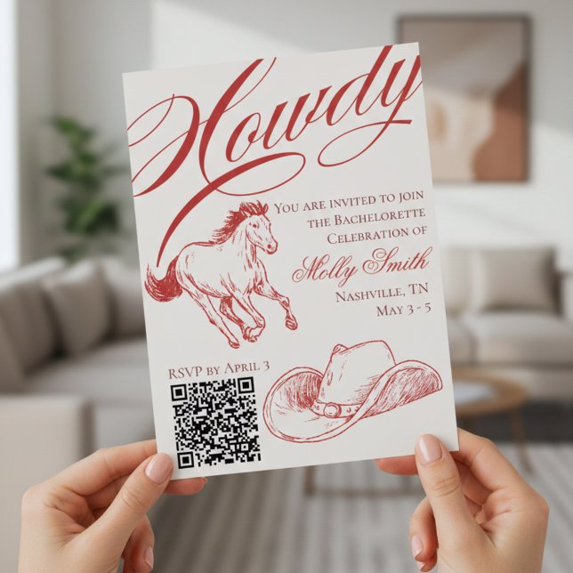Invitation Itinéraire de la bachelorette rouge occidentale il (Illustrated Western Red Bachelorette Itinerary Invitation)