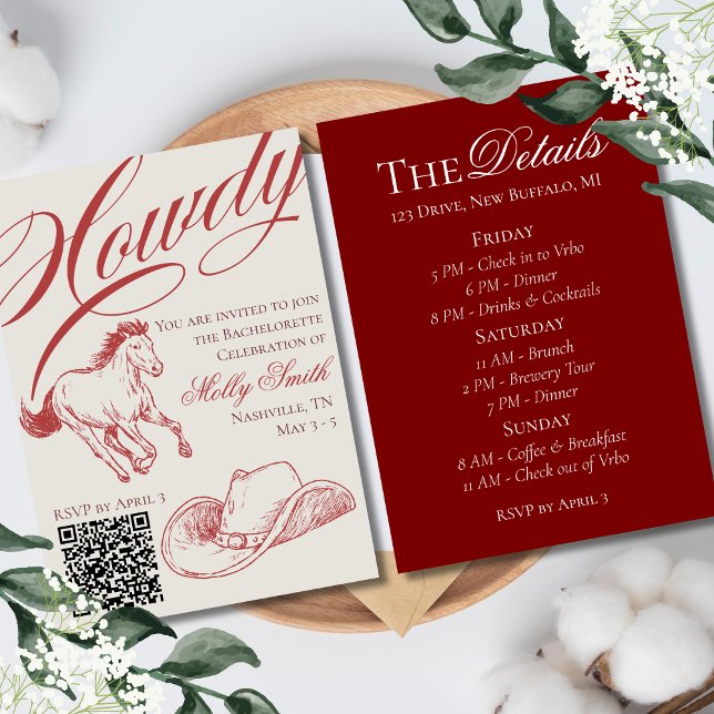 Invitation Itinéraire de la bachelorette rouge occidentale il (Say "Howdy!" to the ultimate western send-off with this Rustic Western Bachelorette Collection!)