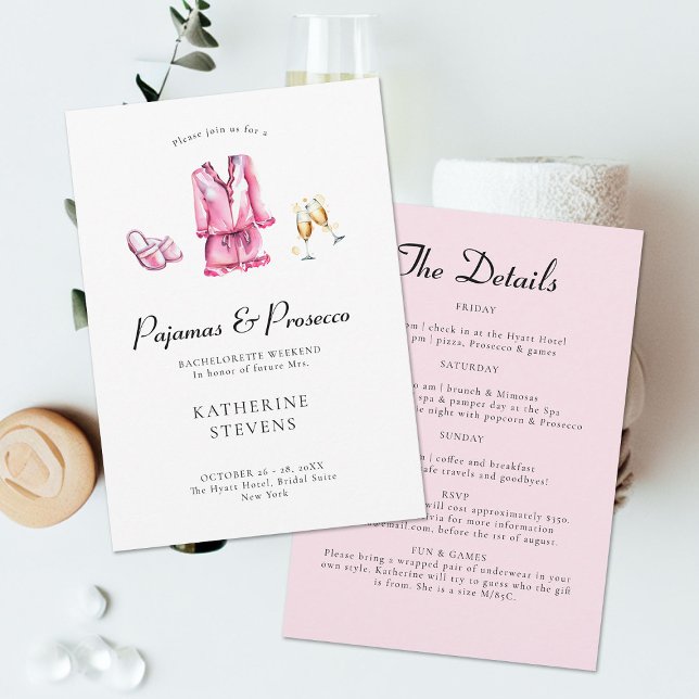 Invitation Itinéraire de la fête de bachelorette du Parquet P (pajamas prosecco bachelorette weekend party itinerary pj champagne pink watercolor girls night out)