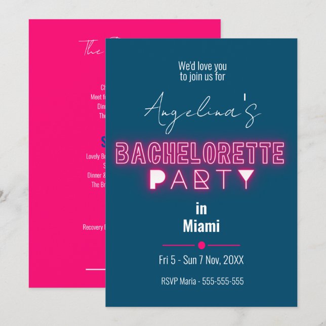 Invitation Itinéraire de la fête de la Bachelorette rose mode (Devant / Derrière)