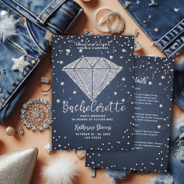 Invitation Itinéraire de la partie de bachelorette Denim Diam (denim and diamonds bachelorette party itinerary invitation template elegant classy modern chic)