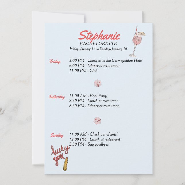 Invitation Itinéraire de Las Vegas Bachelorette (Devant)