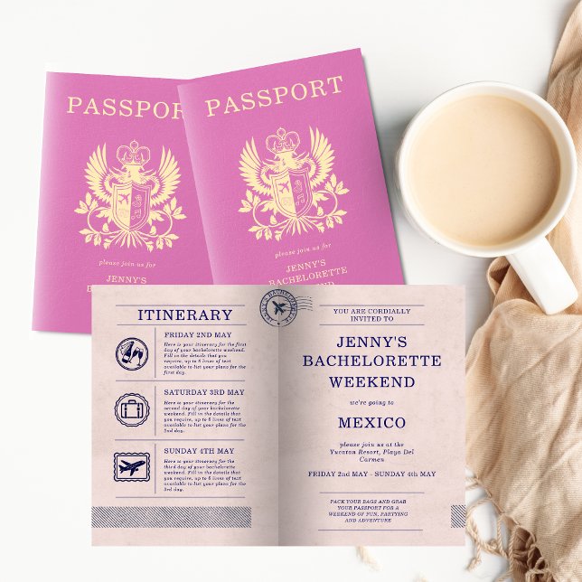 Invitation Itinéraire de passeport rose pour enterrement de v (Pink Bachelorette Destination Party Passport Invitation
)