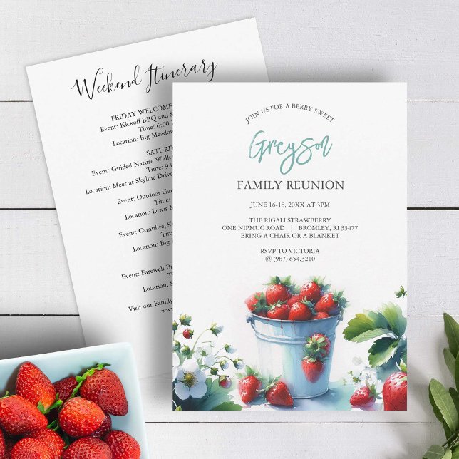 Invitation Itinéraire de réunion vintage famille fraise (Family reunion invitations with itinerary watercolor strawberry art vintage tin.)