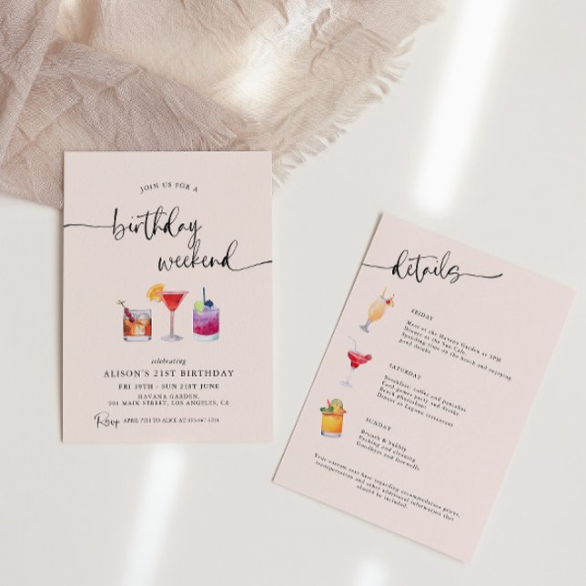 Invitation Itinéraire de week-end d'anniversaire de cocktails (Créateur téléchargé)