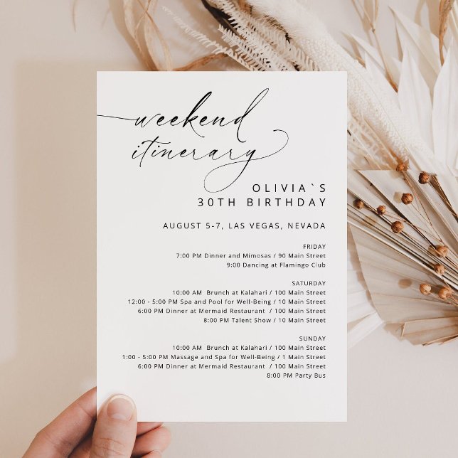 Invitation Itinéraire de week-end d'anniversaire en faux or é (Birthday Bridal Shower Weekend Itinerary Card)