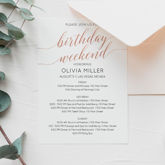 Invitation Itinéraire de week-end d'anniversaire en faux or r (Créateur téléchargé)
