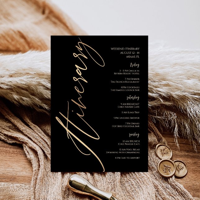 Invitation Itinéraire de week-end d'anniversaire en feuille d (Black Gold Foil Birthday Weekend Itinerary Invitation)