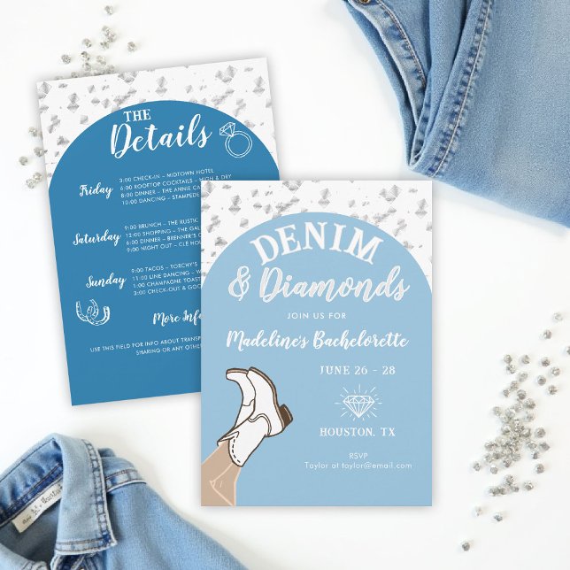 Invitation Itinéraire Denim Diamonds Cowgirl Arch Bachelorett (denim and diamonds bachelorette party invite arch confetti hand drawn itinerary cowgirl boots)