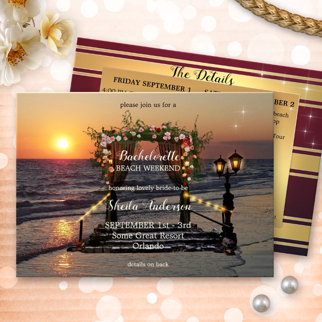 Invitation Itinéraire Du Week-End De Bachelorette  (bachelorette weekend getaway itinerary template invitation showing a lovely rose arbor on the beach)