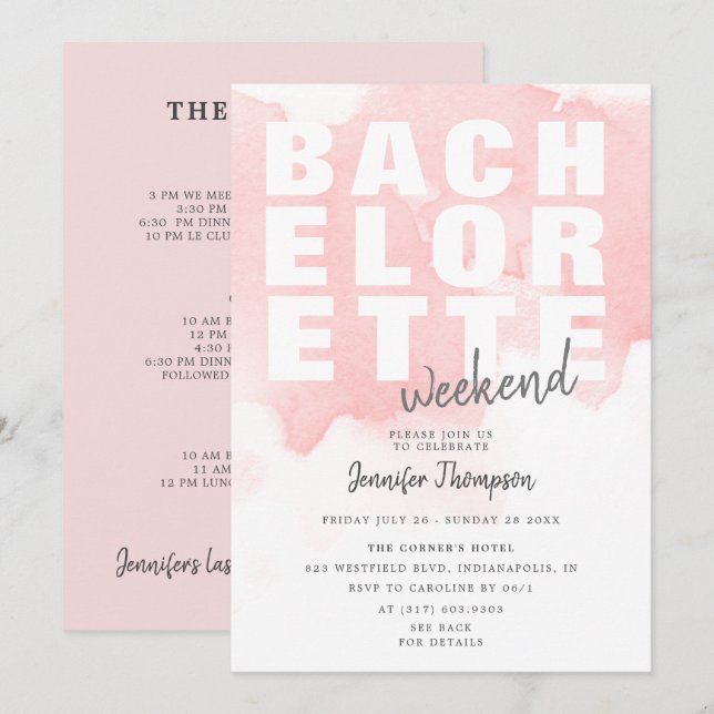 Invitation Itinéraire du week-end de Bachelorette Blush moder (Devant / Derrière)