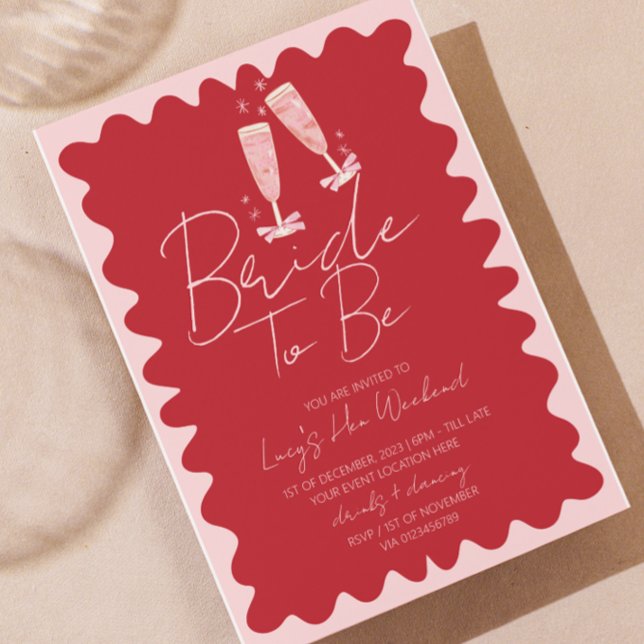 Invitation Itinéraire du week-end de la Bachelorette rose et  (red pink retro wavy border hen weekend itinerary invite)