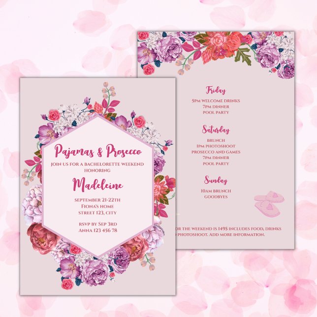 Invitation Itinéraire du week-end des pyjamas et procureurs (pajamas and prosecco bachelorette party weekend invitation pink floral elegant bachelorette weekend )