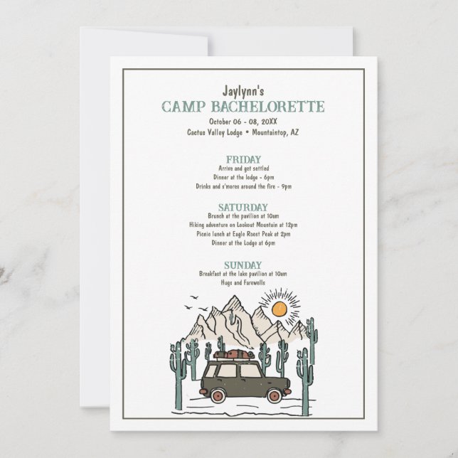 Invitation Itinéraire du week-end du Camp Bachelorette (Devant)