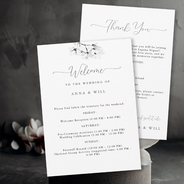 Invitation Itinéraire Mariage noir Magnolia (Classic Magnolia Wedding Weekend Itinerary and Welcome Card)