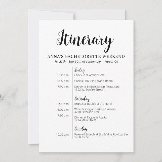Invitation Itinéraire Minimaliste Bachelorette (Devant)