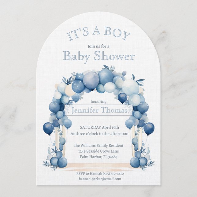 Invitation It's a BOY Blue Balloon Arch Baby Shower (Devant)